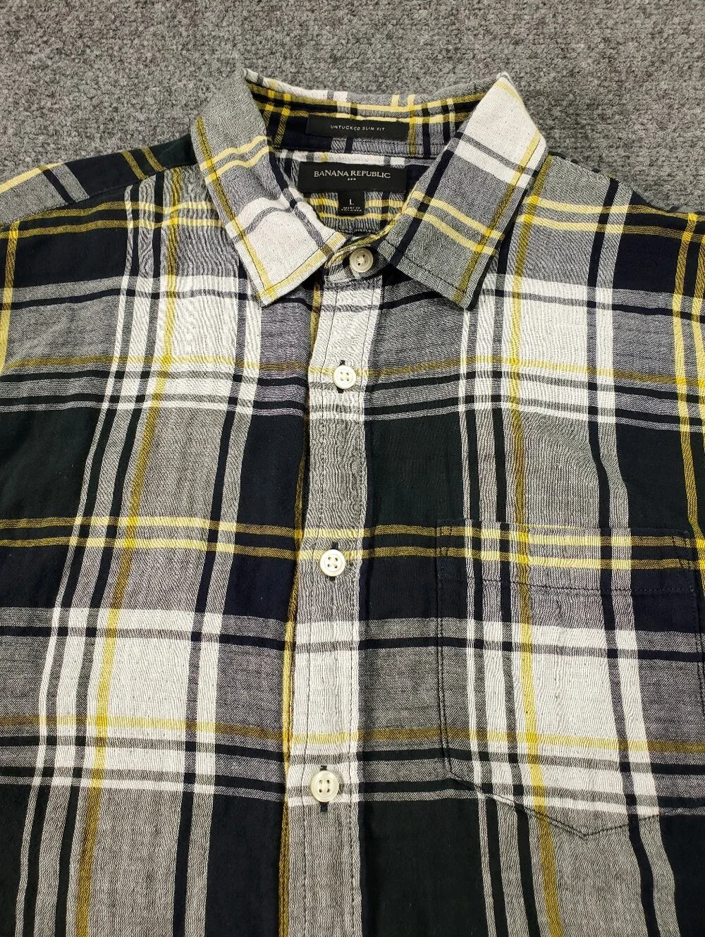 Banana Republic Untucked Slim Fit Shirt Large Double Faced Flip Up Yellow Plaid